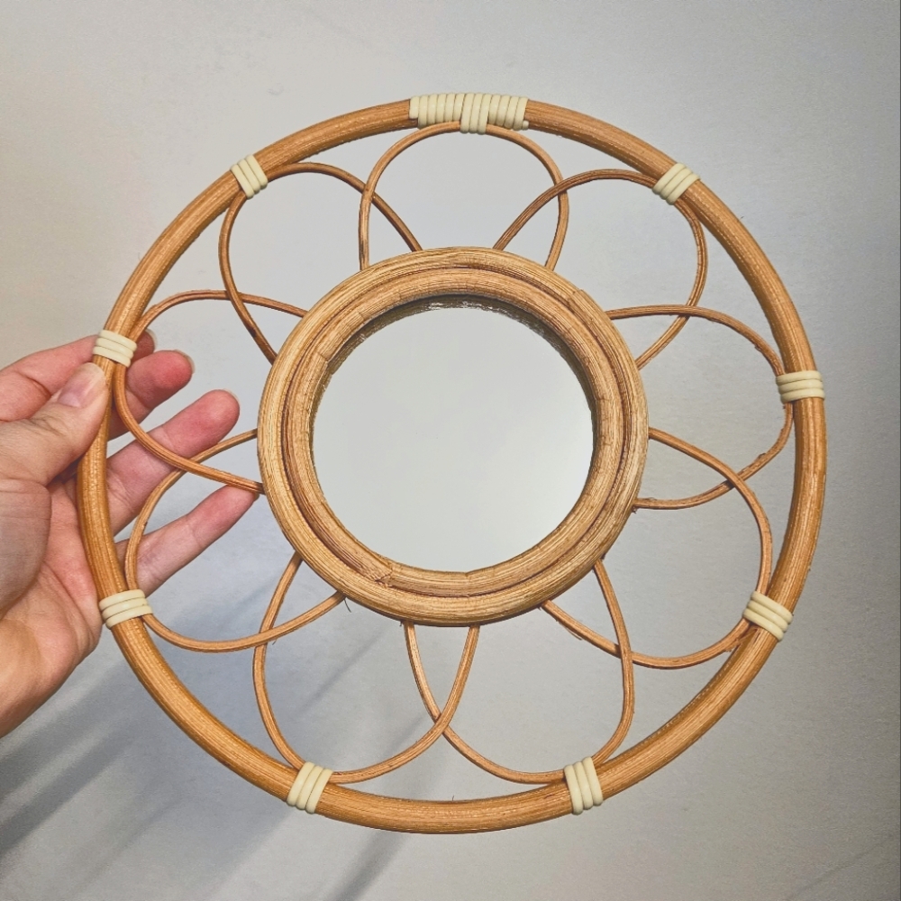 Vintage Boho Mirror, Round Rattan Mirror with Scalloped Border